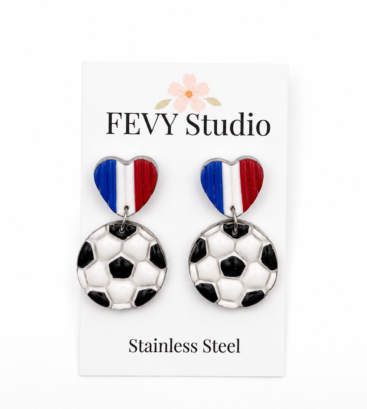 France Soccer Earrings – French Flag Heart Earrings with Soccer Ball Charm – Handmade Polymer Clay Fan Earrings – Lightweight Statement