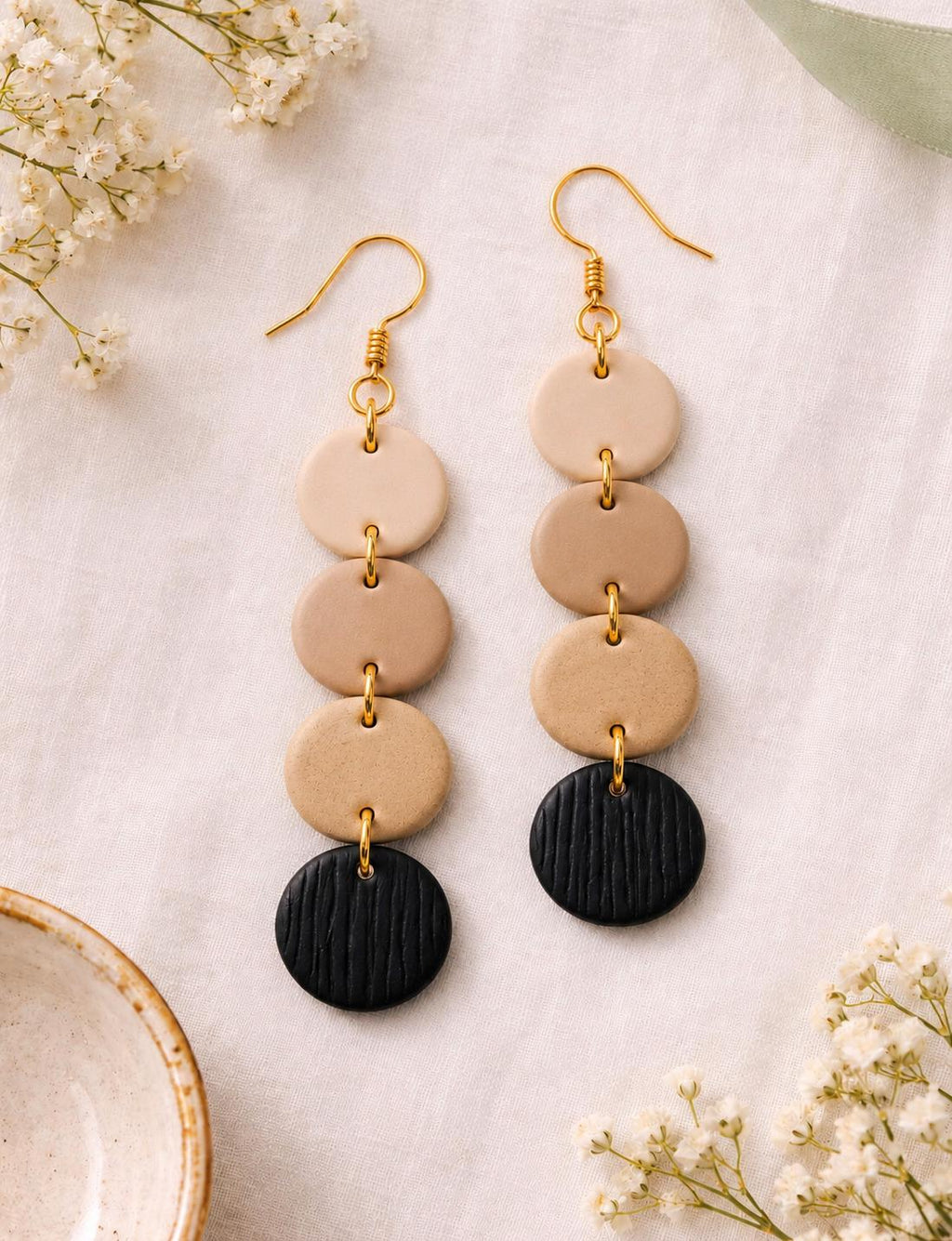 Beige Black Polymer Clay Earrings, Lightweight Geometric Dangles, Modern Statement Jewelry, Handmade Gift for Her