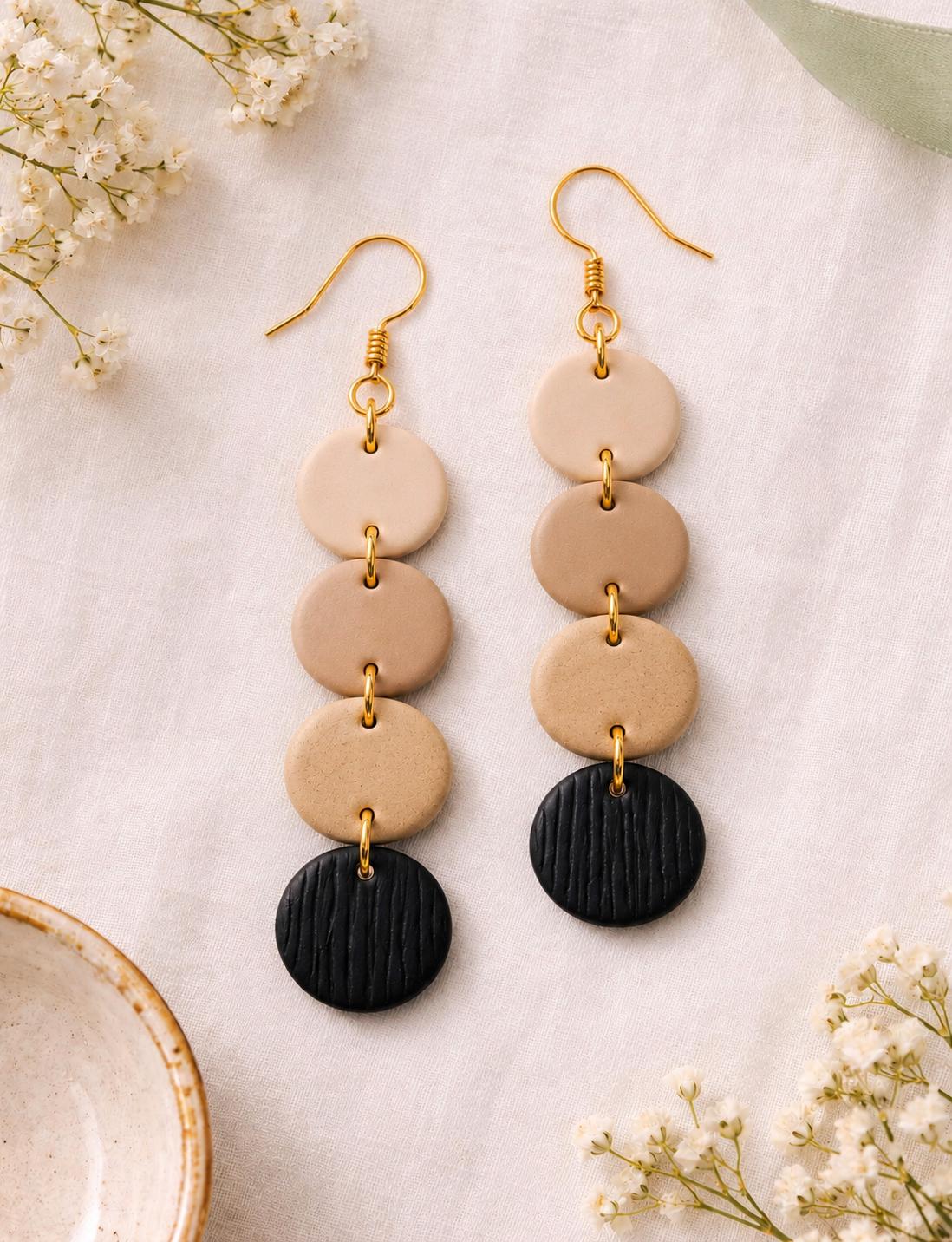 Beige Black Polymer Clay Earrings, Lightweight Geometric Dangles, Modern Statement Jewelry, Handmade Gift for Her