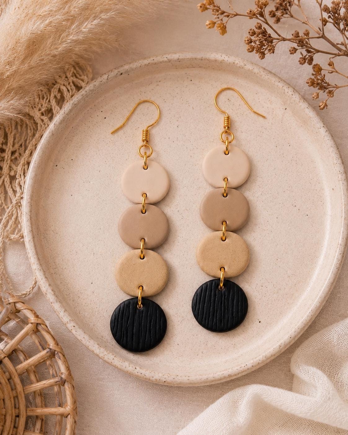 Handmade Neutral Polymer Clay Dangle Earrings, 18K Gold Plated Hooks, Boho Minimalist Jewelry