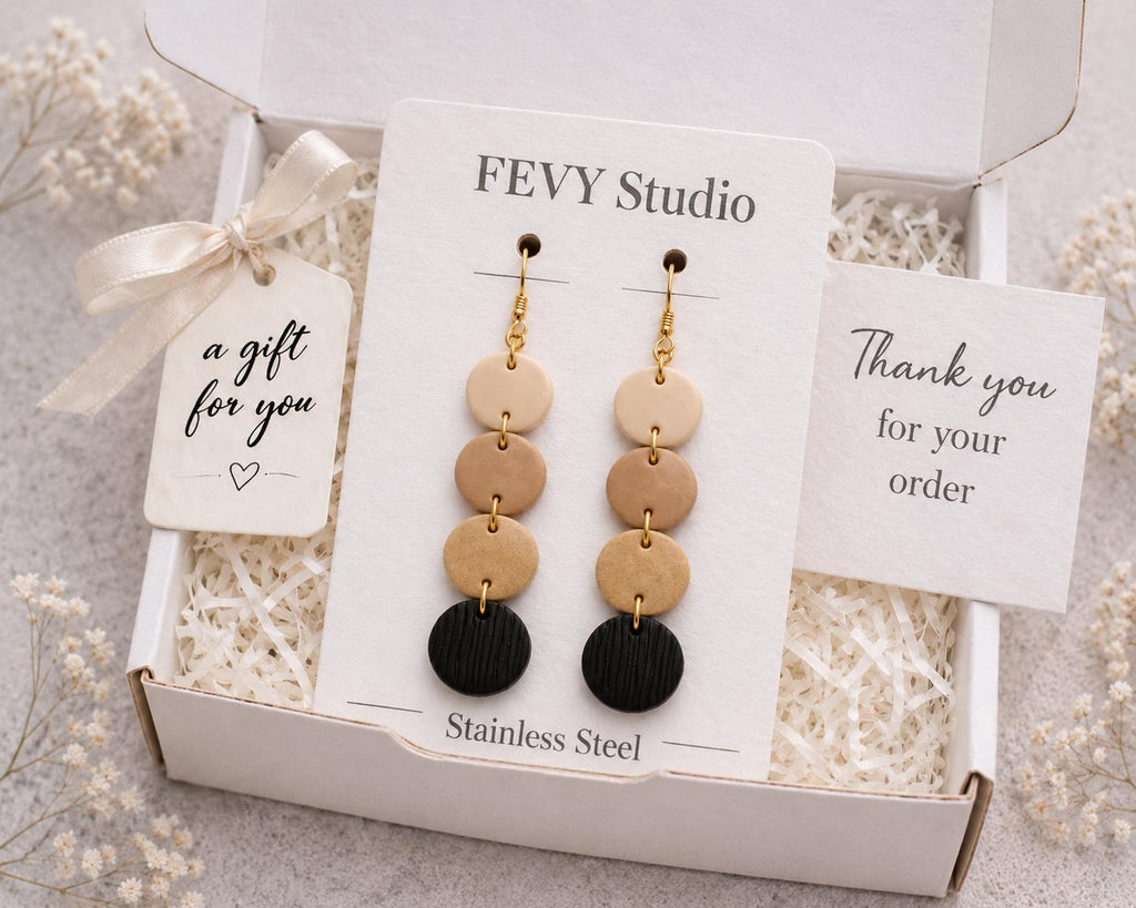 Beige Black Polymer Clay Earrings, Lightweight Geometric Dangles, Modern Statement Jewelry, Handmade Gift for Her