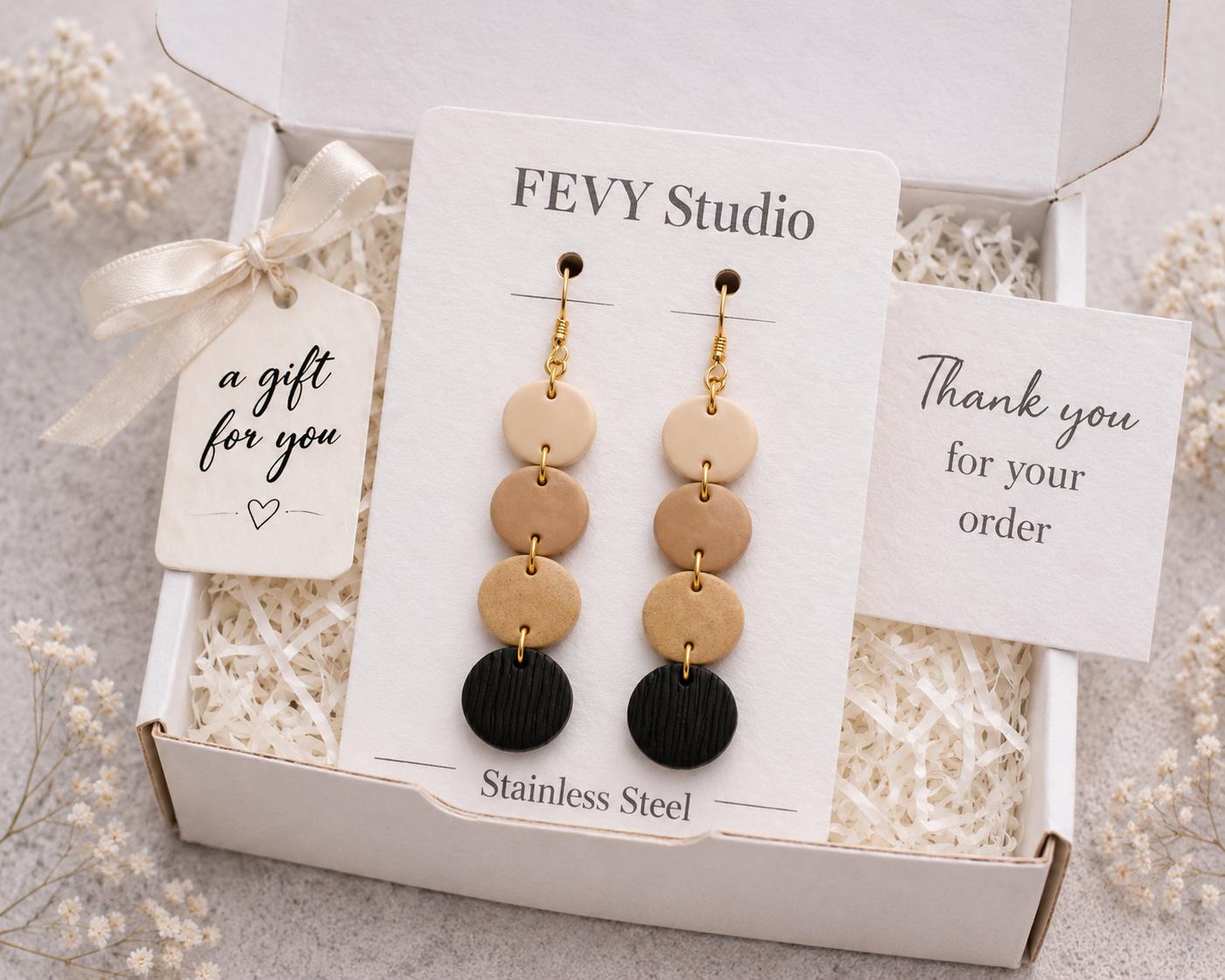 Beige Black Polymer Clay Earrings, Lightweight Geometric Dangles, Modern Statement Jewelry, Handmade Gift for Her