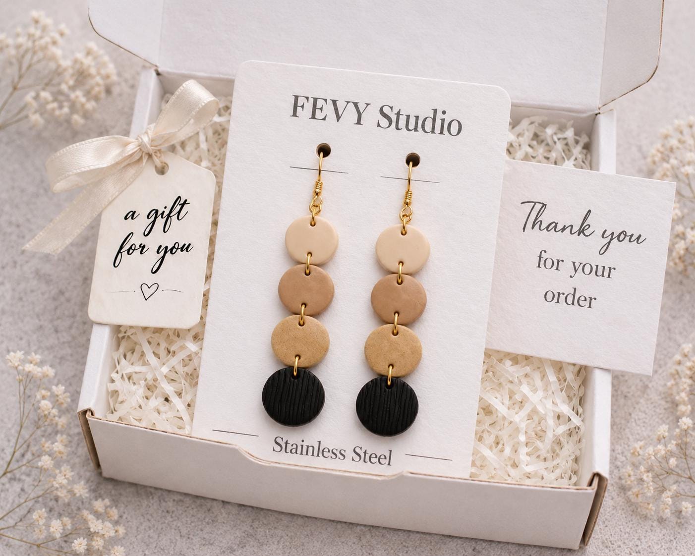 Handmade Neutral Polymer Clay Dangle Earrings, 18K Gold Plated Hooks, Boho Minimalist Jewelry