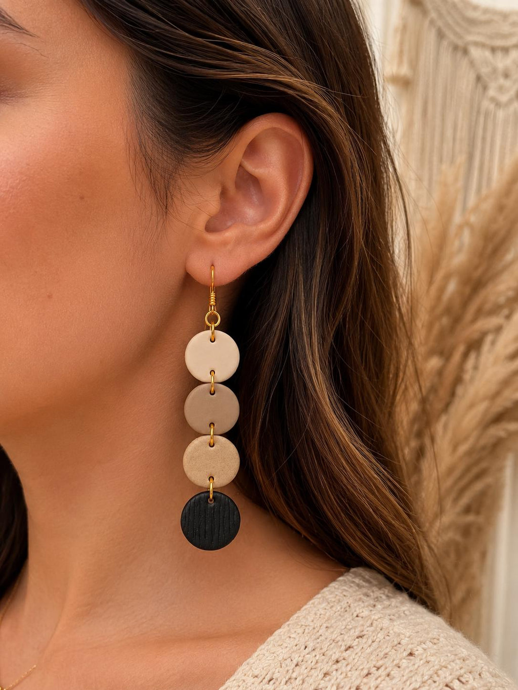 Handmade Neutral Polymer Clay Dangle Earrings, 18K Gold Plated Hooks, Boho Minimalist Jewelry