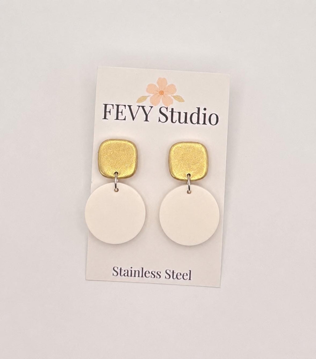 Ivory Circle Gold Top Drop Earrings | Lightweight Polymer Clay Jewelry