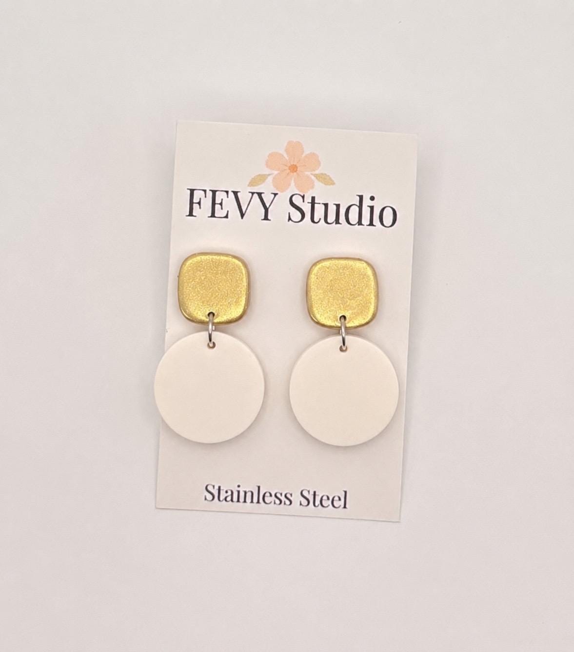 Ivory Circle Gold Top Drop Earrings | Lightweight Polymer Clay Jewelry