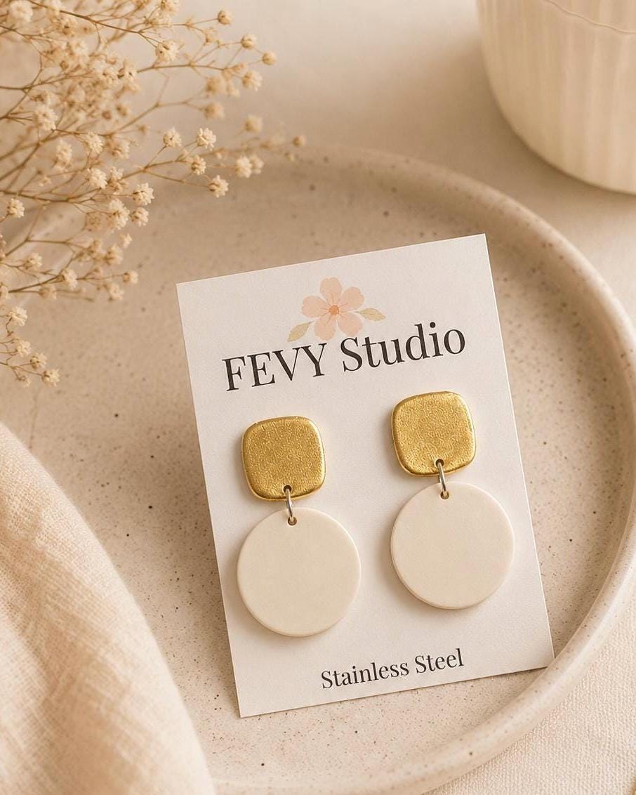 Minimalist Gold Ivory Earrings | Modern Neutral Statement Earrings | Lightweight Polymer Clay Earrings | Elegant Handmade Jewelry