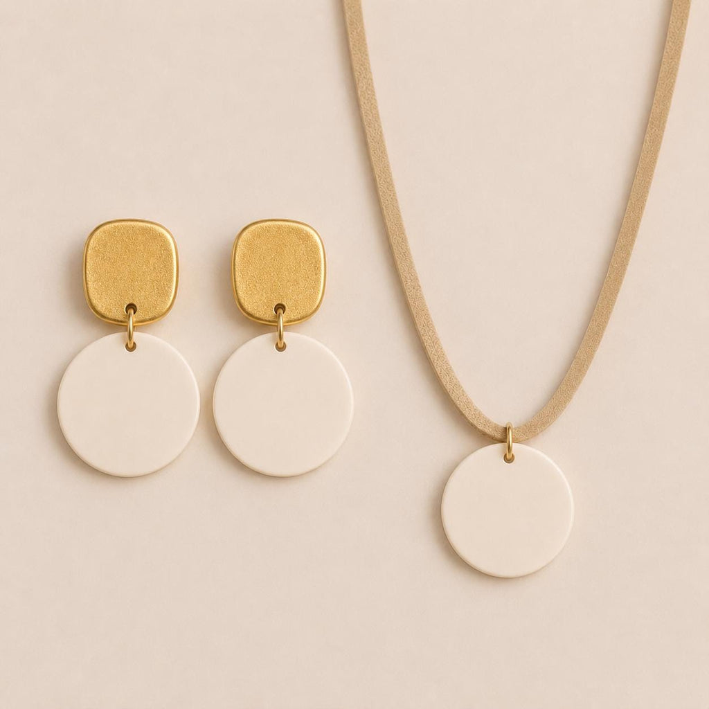 Ivory Circle Gold Top Drop Earrings | Lightweight Polymer Clay Jewelry
