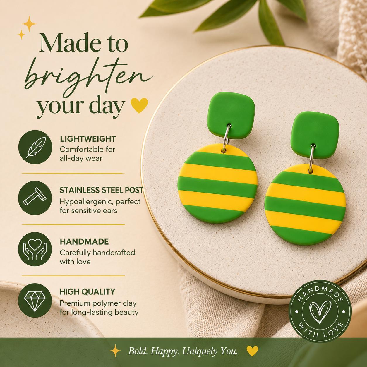 Green Yellow Striped Polymer Clay Earrings, Lightweight Boho Statement Jewelry