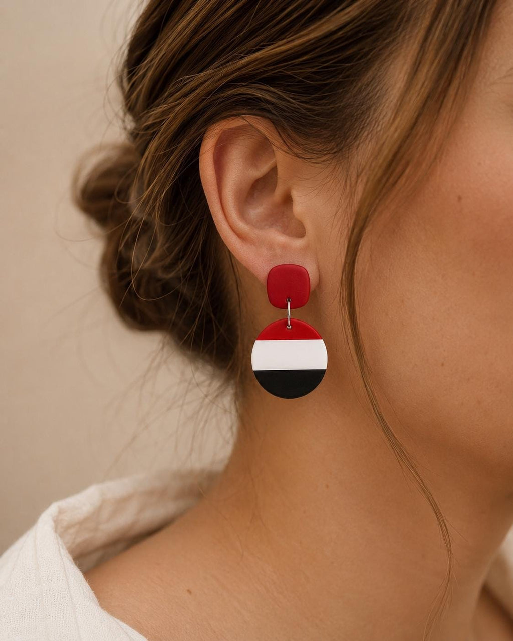 Modern Color Block Polymer Clay Earrings | Red White Black Retro Dangle Statement Jewelry