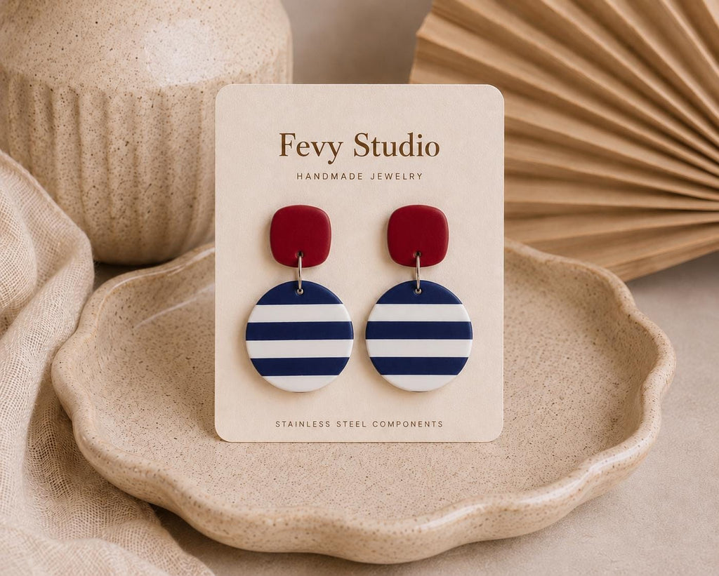 Nautical Stripe Polymer Clay Earrings, Navy Red Coastal Statement Jewelry