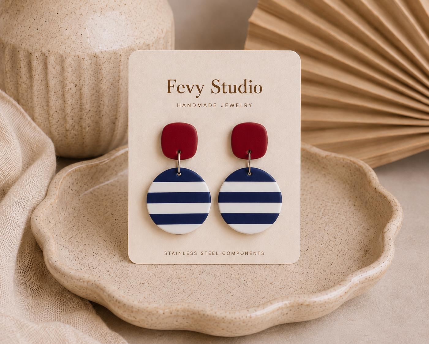 Navy Stripe Statement Earrings, Coastal Chic Polymer Clay Jewelry