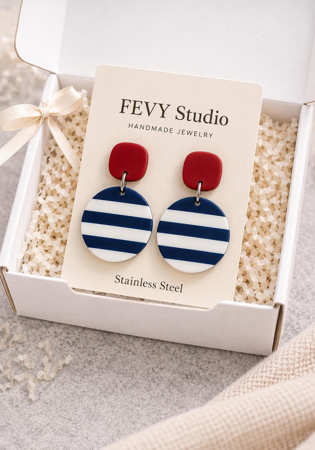 Navy Stripe Statement Earrings, Coastal Chic Polymer Clay Jewelry