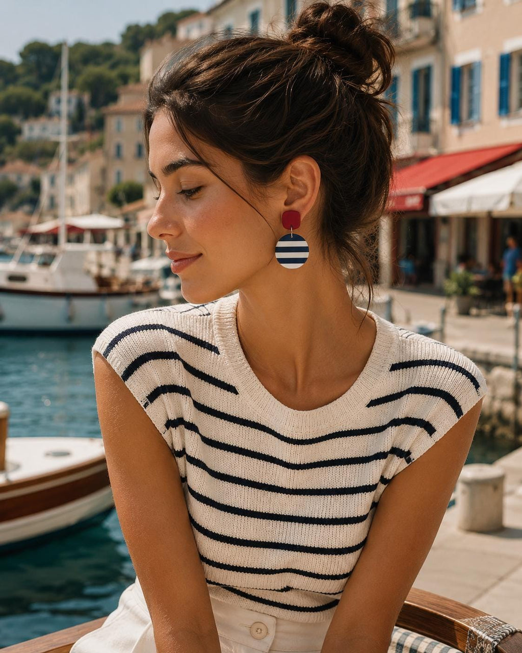 Nautical Striped Polymer Clay Dangle Earrings, Coastal Beach Vacation Jewelry