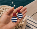 Navy Stripe Statement Earrings, Coastal Chic Polymer Clay Jewelry