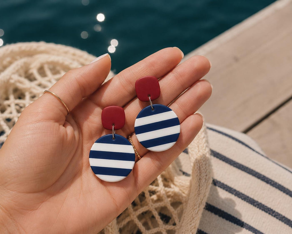Nautical Striped Polymer Clay Dangle Earrings, Coastal Beach Vacation Jewelry