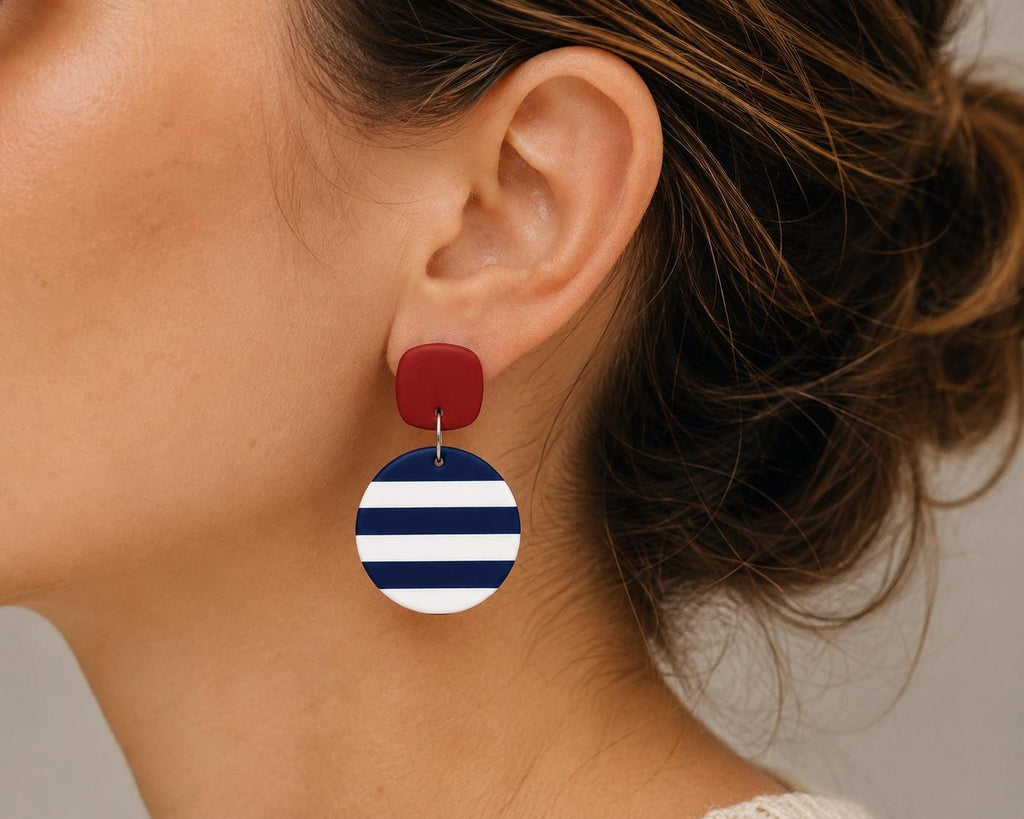 Summer Polymer Clay Earrings, Nautical Striped Earrings, Coastal Beach Jewelry, Lightweight Navy Blue White Dangles, Vacation Earrings
