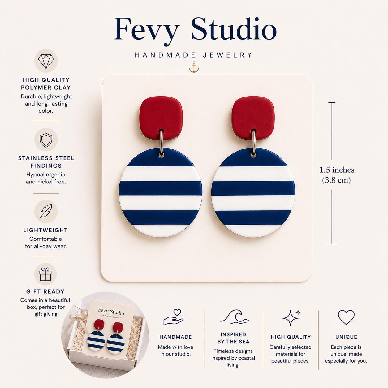 Nautical Stripe Polymer Clay Earrings, Navy Red Coastal Statement Jewelry
