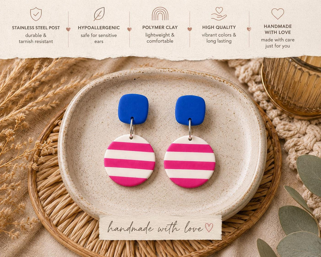 Blue & Pink Statement Earrings, Bold Polymer Clay Earrings, Electric Blue Dangle Earrings, Fuchsia Striped Earrings, Colorful Jewelry