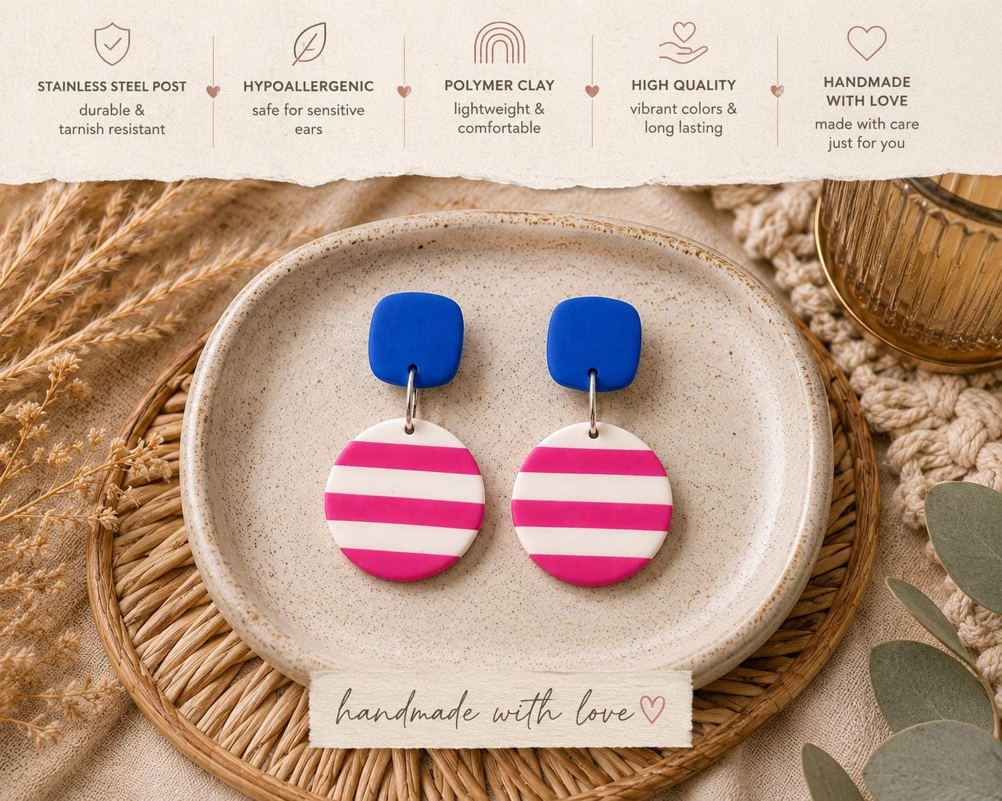Blue & Pink Statement Earrings, Bold Polymer Clay Earrings, Electric Blue Dangle Earrings, Fuchsia Striped Earrings, Colorful Jewelry