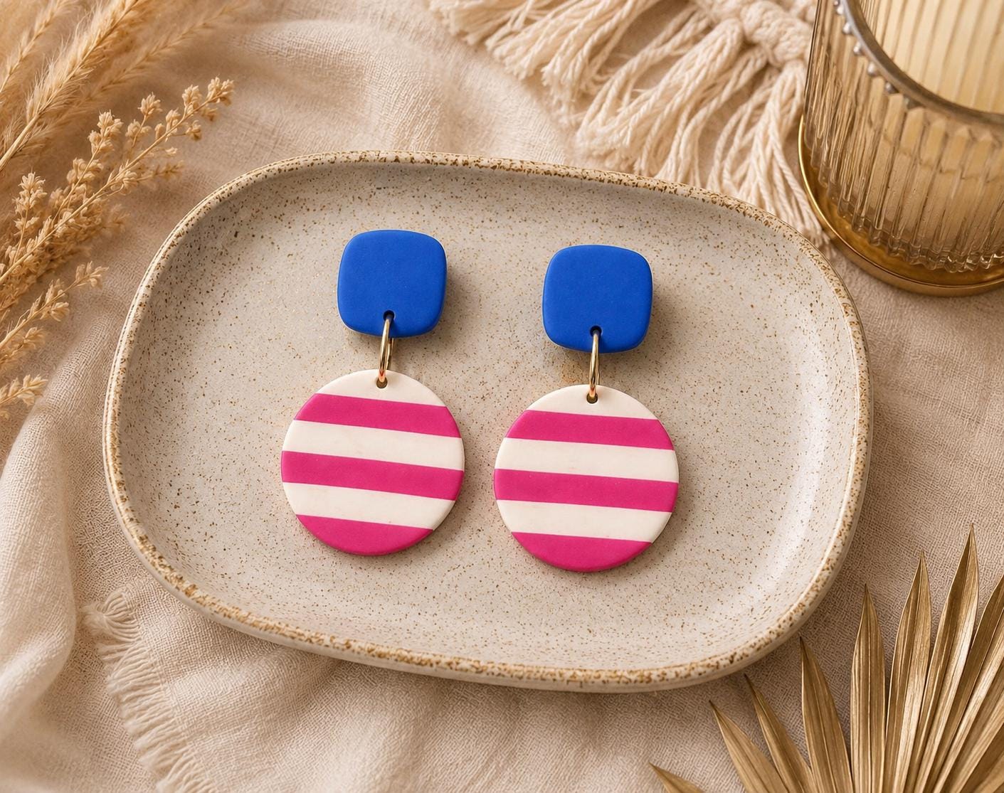 Coastal Chic Earrings, Handmade Striped Polymer Clay Dangles, Lightweight Summer Jewelry, Bold Statement Earrings for Women