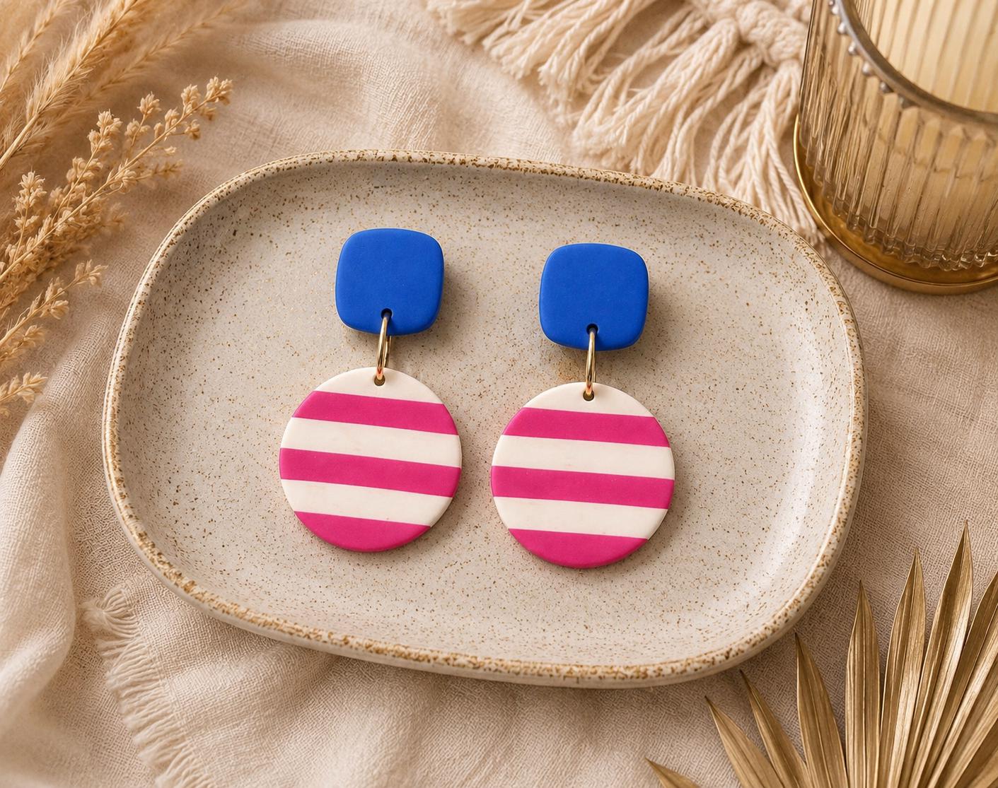 Blue & Pink Statement Earrings, Bold Polymer Clay Earrings, Electric Blue Dangle Earrings, Fuchsia Striped Earrings, Colorful Jewelry