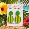 Handmade Tropical Polymer Clay Earrings, Green Yellow Stripe Statement Jewelry