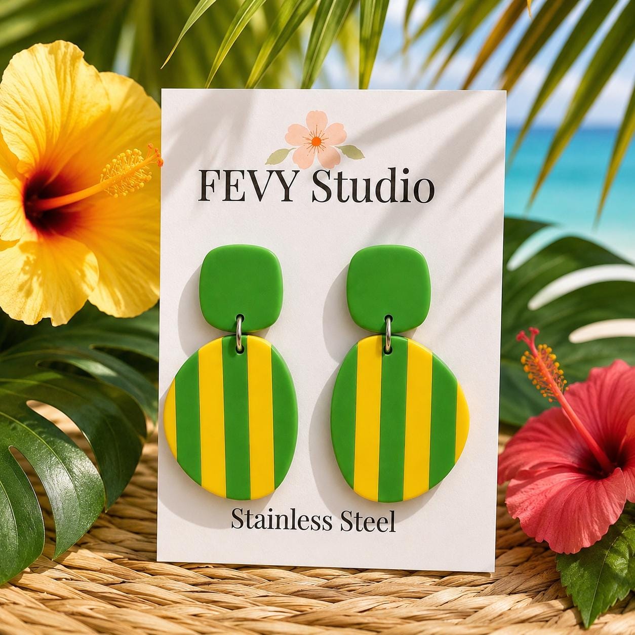 Handmade Tropical Polymer Clay Earrings, Green Yellow Stripe Statement Jewelry