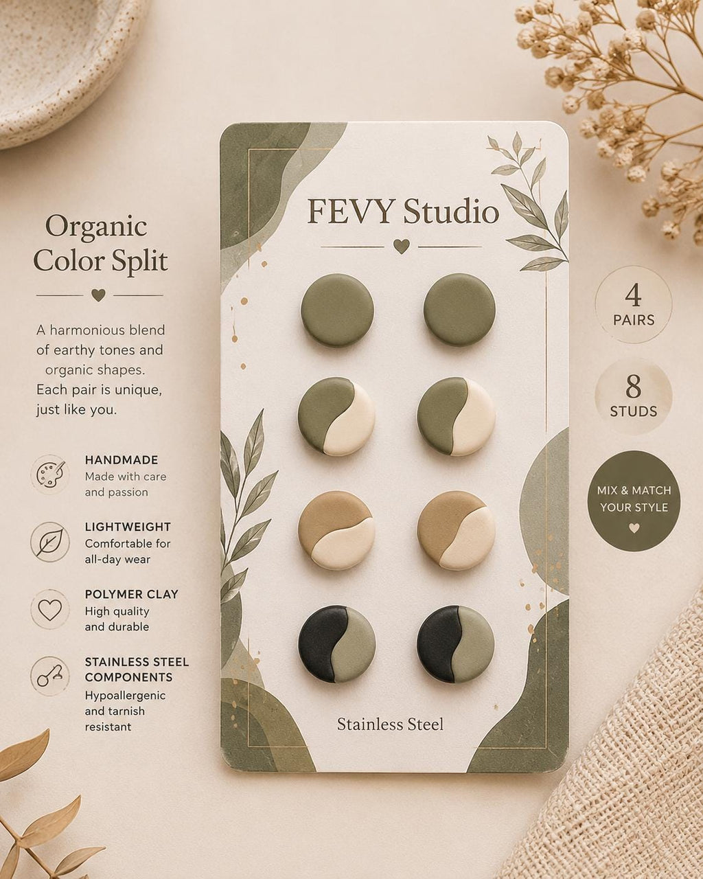 Organic Split Polymer Clay Stud Earrings | Earth Tone Minimalist Handmade Pack