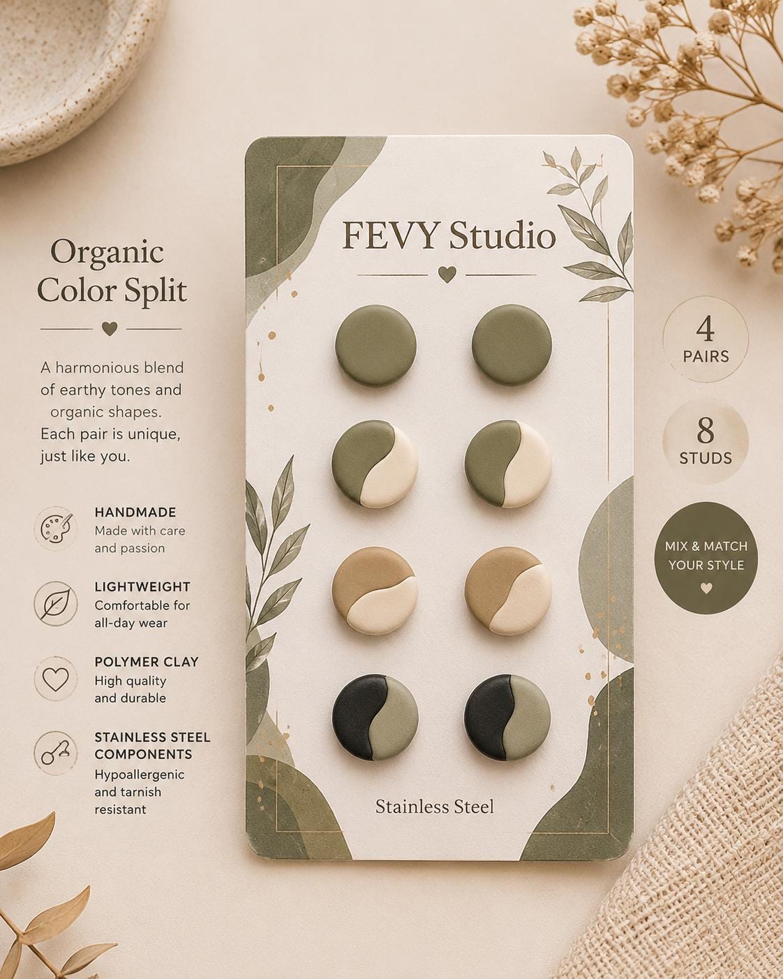 Organic Split Polymer Clay Stud Earrings | Earth Tone Minimalist Handmade Pack