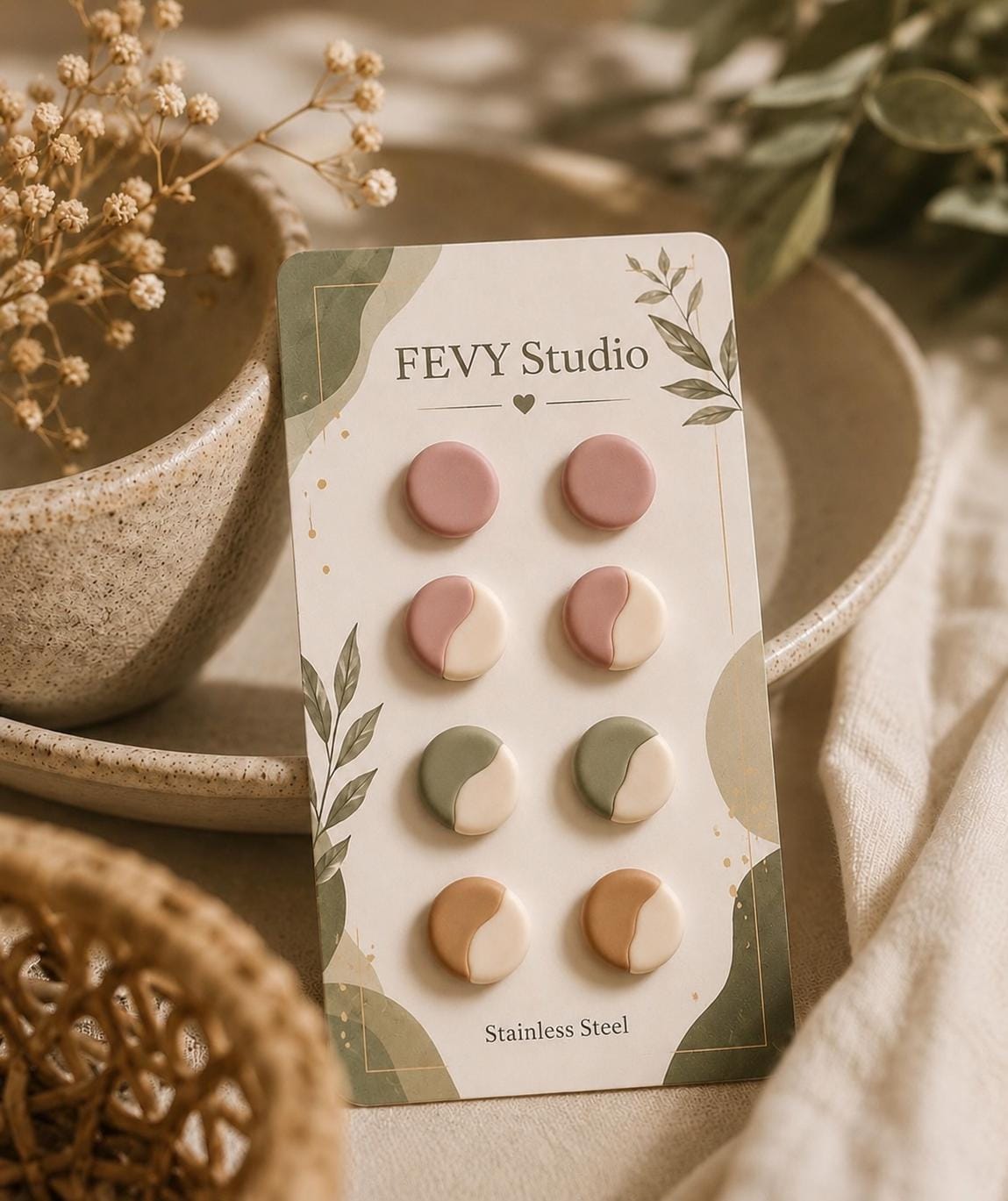 Handmade Polymer Clay Stud Earrings Set, Minimalist Neutral Tones, Lightweight Stainless Steel Posts