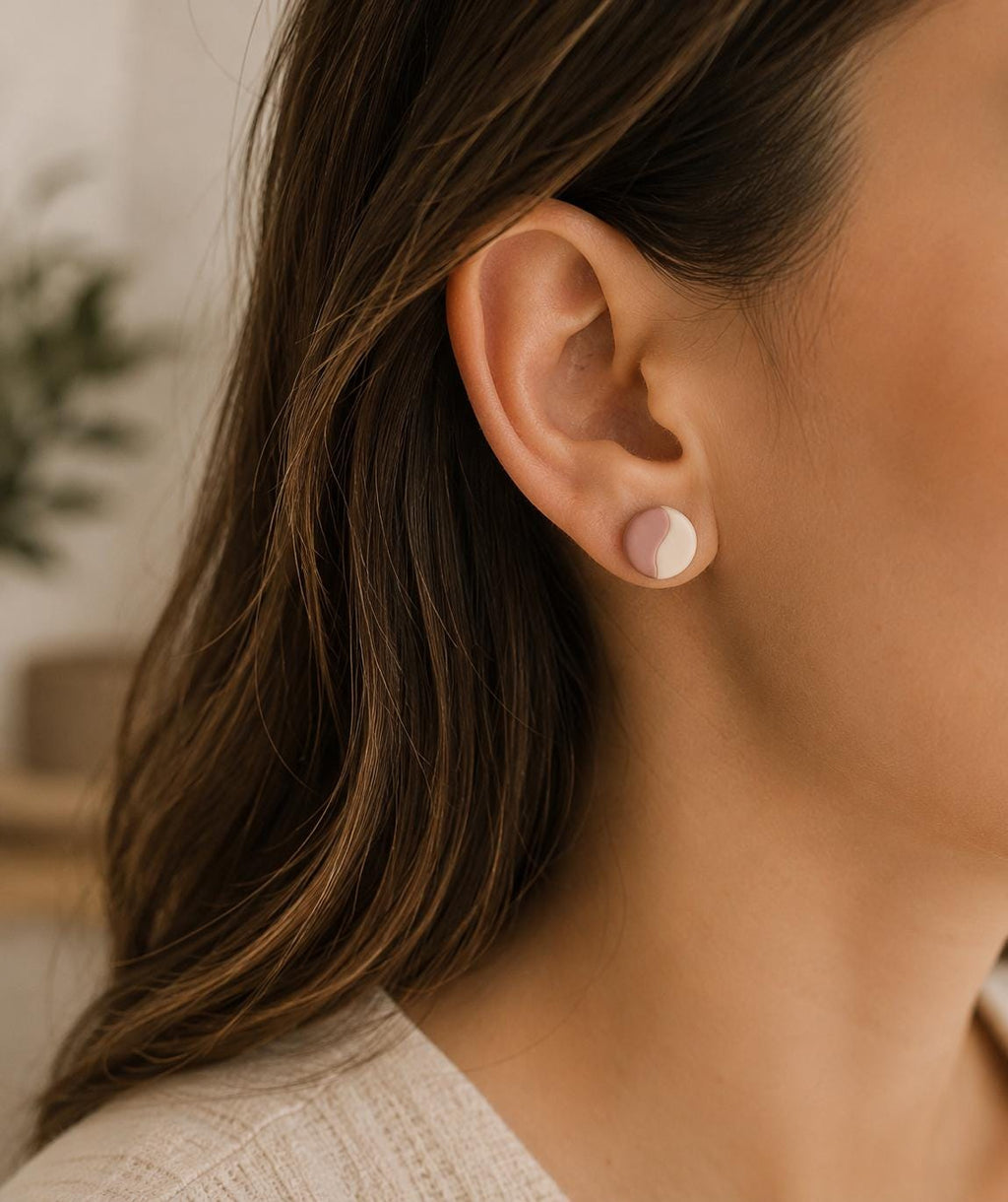 Handmade Polymer Clay Stud Earrings Set, Minimalist Neutral Tones, Lightweight Stainless Steel Posts
