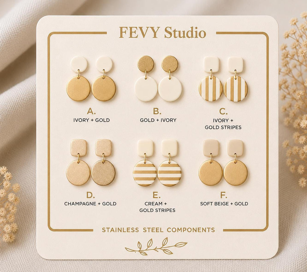 Handmade Ivory Gold Polymer Clay Dangle Earrings | Lightweight Boho Statement Jewelry