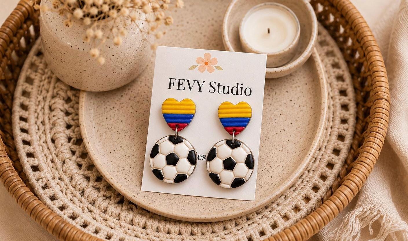 Colombian Soccer Earrings • Polymer Clay Football Earrings • Colombia Flag Heart Earrings • Handmade Sports Jewelry • Soccer Mom Gift