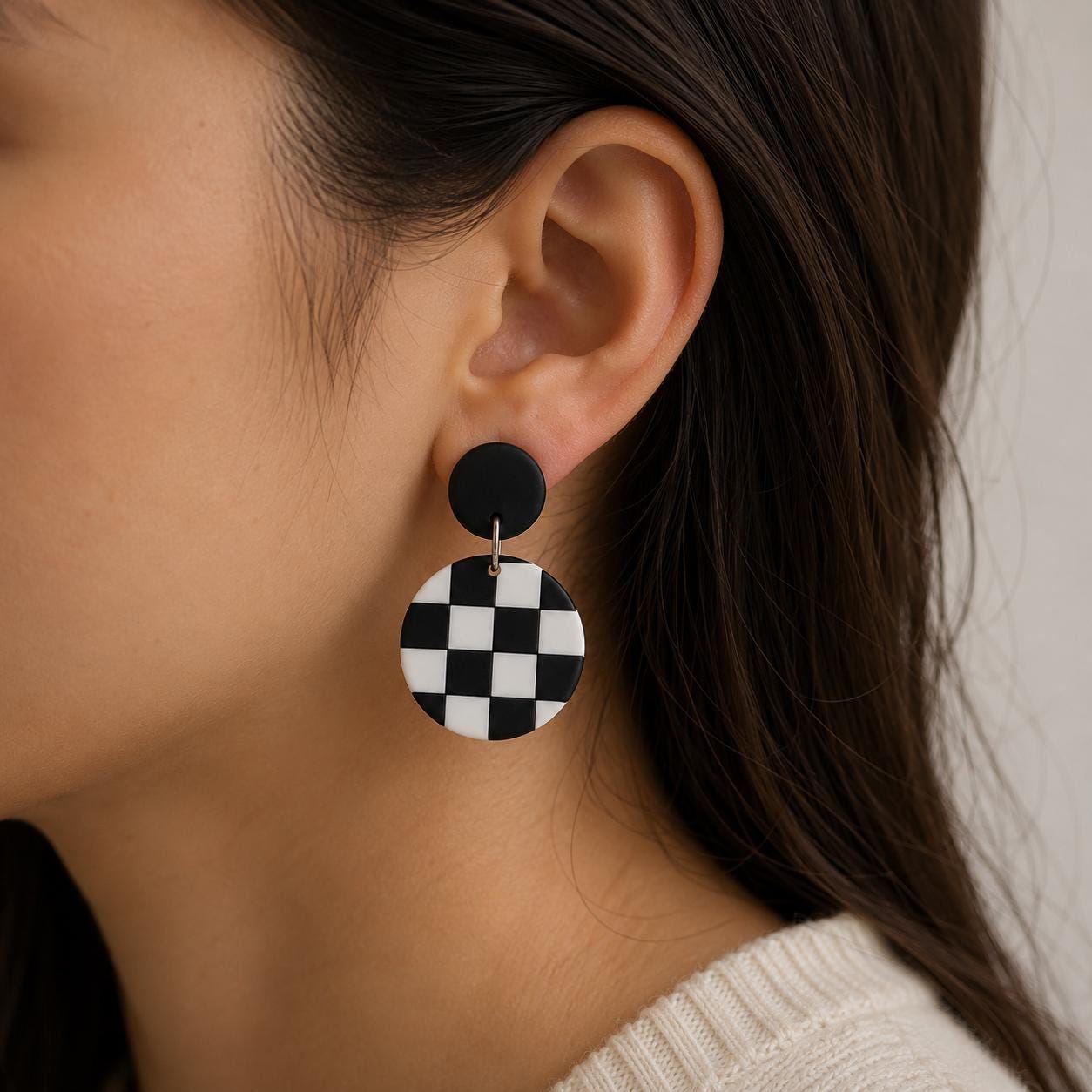 Checkerboard Polymer Clay Earrings | Black and White Dangle Earrings | Modern Geometric Earrings | Lightweight Handmade Earrings | Gift