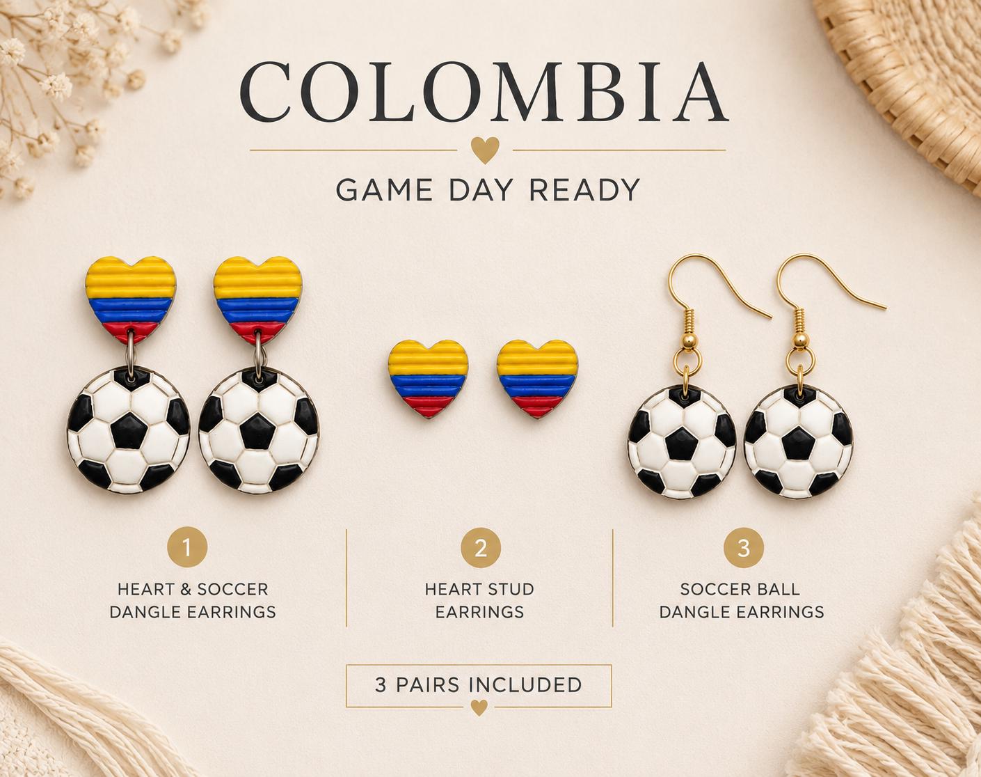 Colombia Game Day Earrings Set • 3 Pairs Included • Soccer Earrings Bundle • Colombian Flag Heart Earrings • Polymer Clay Earrings