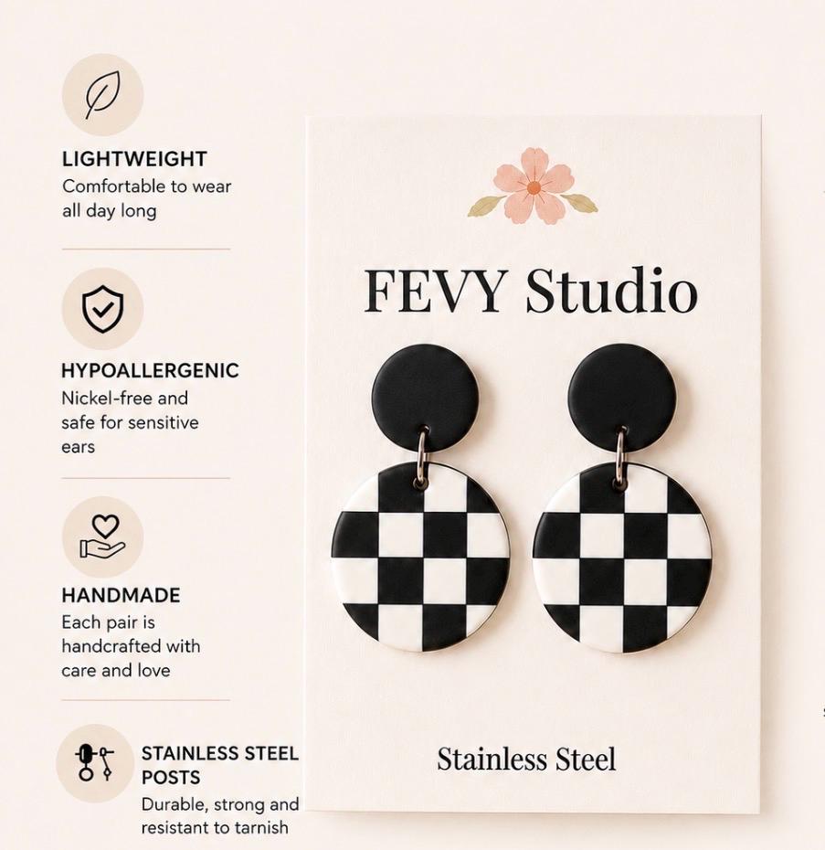 Checkerboard Polymer Clay Earrings | Black and White Dangle Earrings | Modern Geometric Earrings | Lightweight Handmade Earrings | Gift