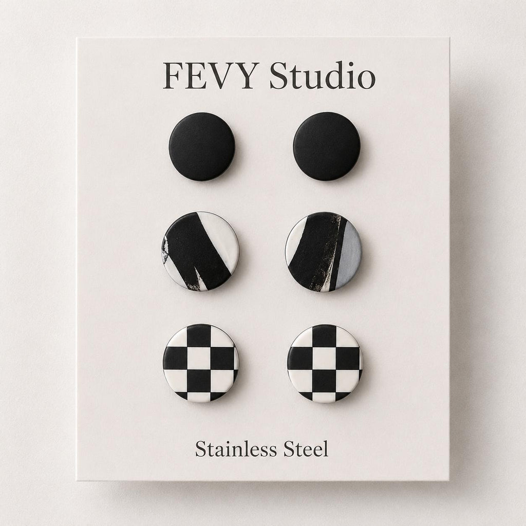 Black & White Stud Earring Set | 3 Pairs Polymer Clay Earrings | Checkerboard Earrings | Minimalist Studs | Lightweight Handmade Jewelry