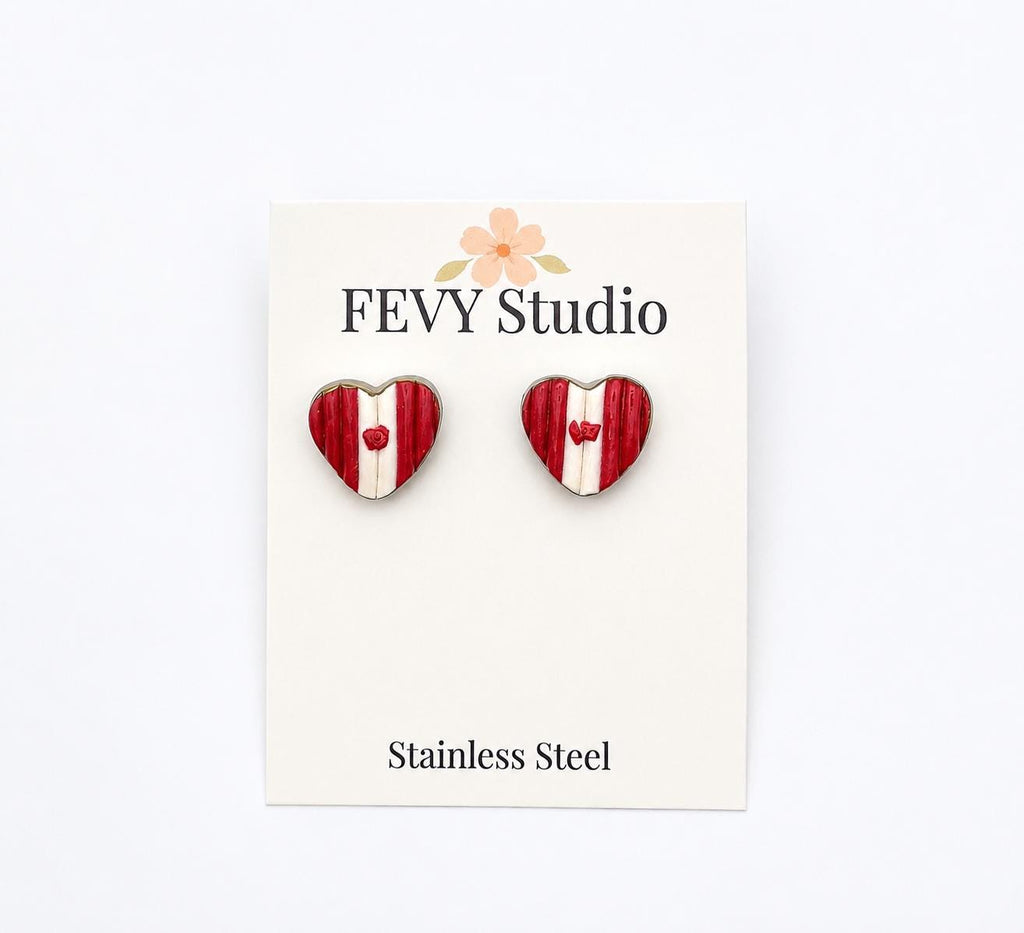 Canada Flag Heart Stud Earrings | Lightweight Polymer Clay Earrings | Hypoallergenic Stainless Steel Posts | Cute Canadian Earrings