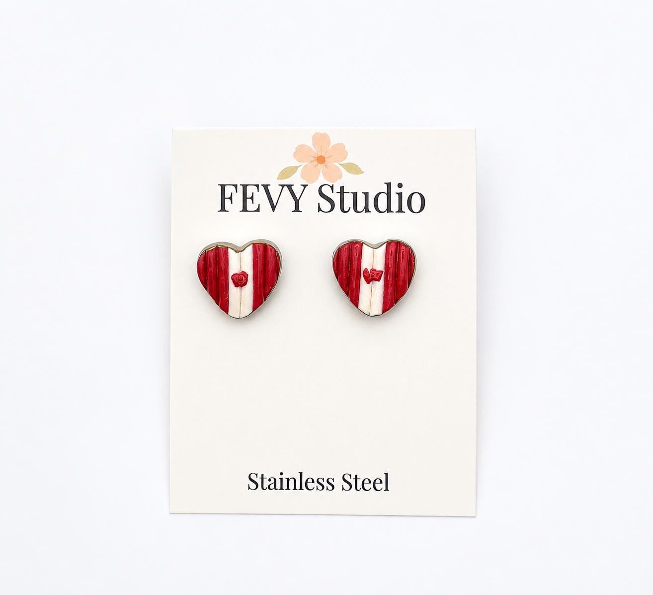 Canada Flag Heart Stud Earrings | Lightweight Polymer Clay Earrings | Hypoallergenic Stainless Steel Posts | Cute Canadian Earrings