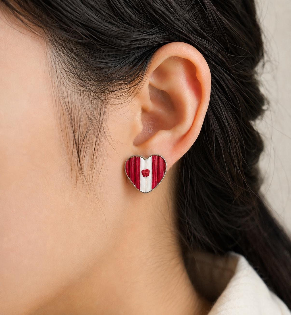 Canada Flag Heart Stud Earrings | Lightweight Polymer Clay Earrings | Hypoallergenic Stainless Steel Posts | Cute Canadian Earrings