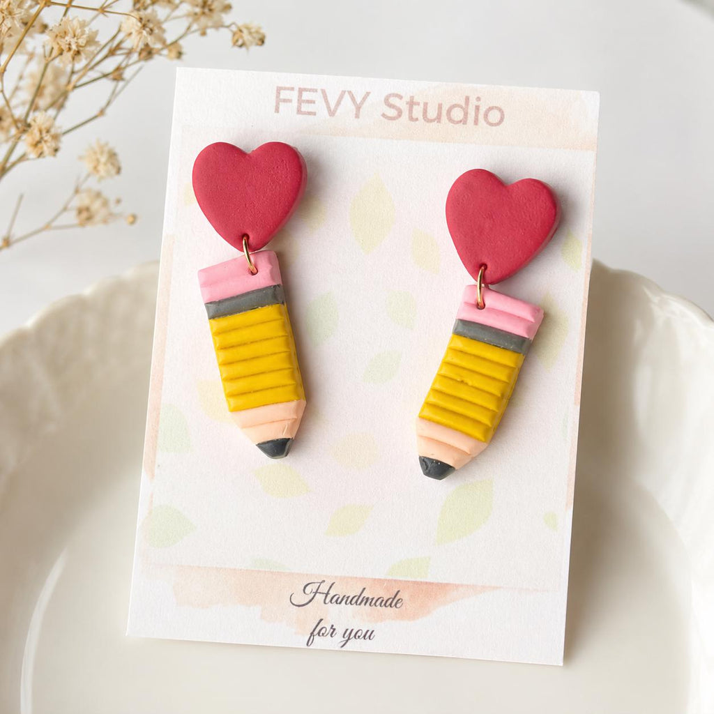 Handmade Polymer Clay Pencil Earrings – Heart Stud, Valentine's Gift