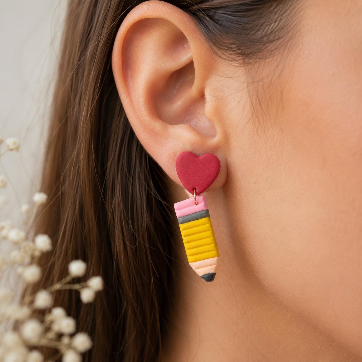 Handmade Polymer Clay Pencil Earrings – Heart Stud, Valentine's Gift