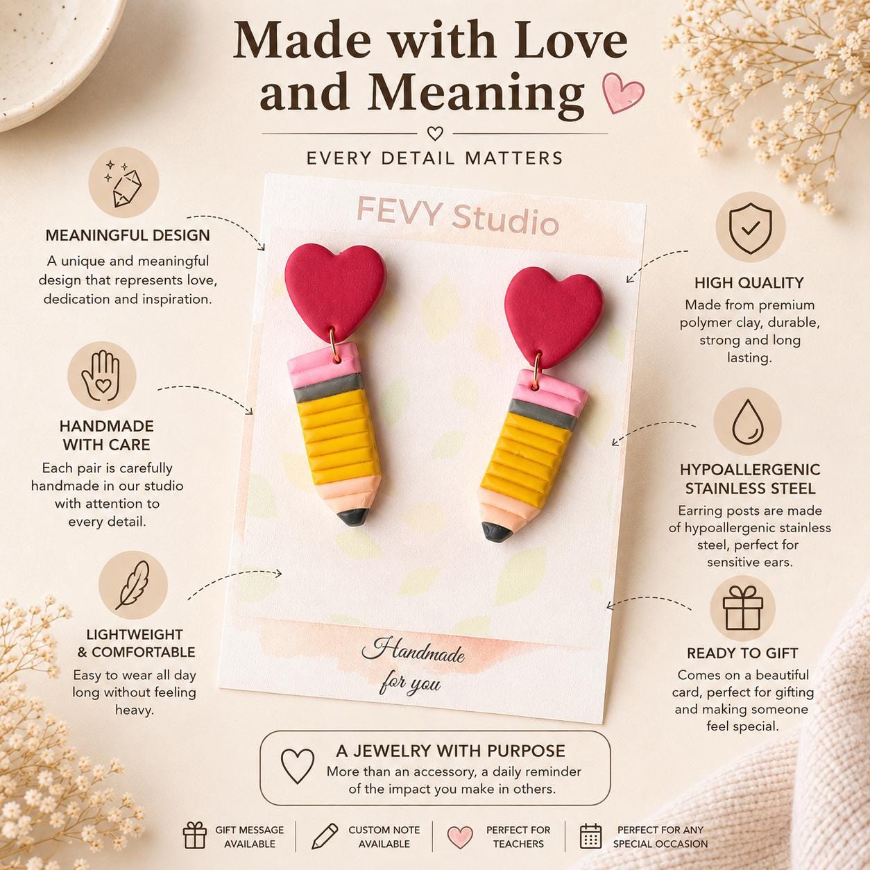 Handmade Polymer Clay Pencil Earrings – Heart Stud, Valentine's Gift