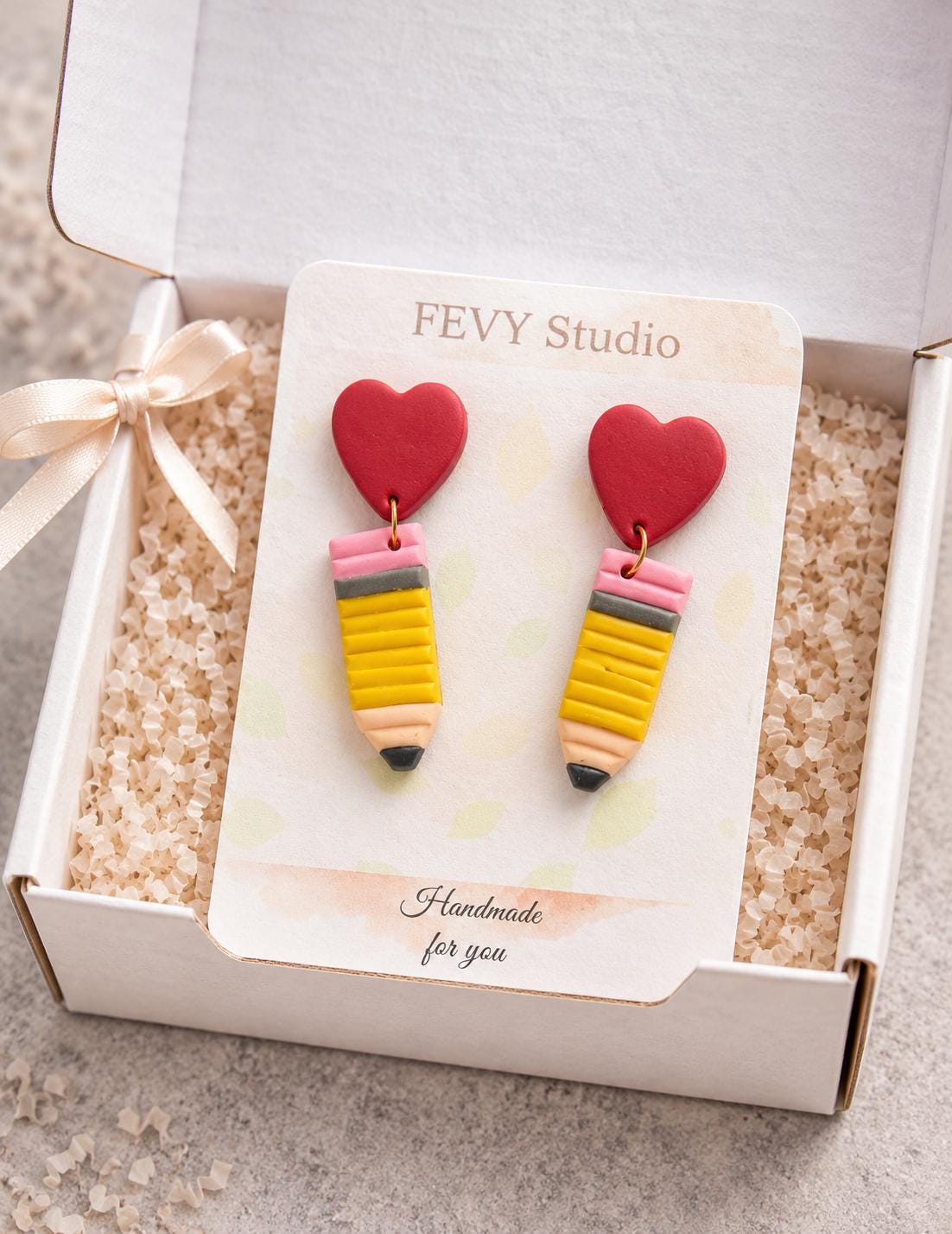 Handmade Polymer Clay Pencil Earrings – Heart Stud, Valentine's Gift