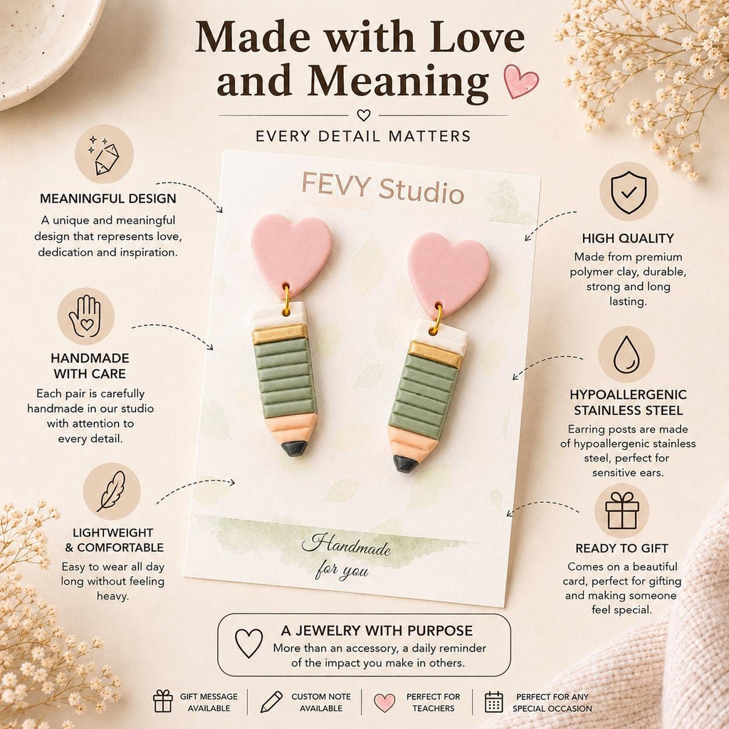 Pastel Pencil Heart Earrings – Handmade Teacher Gift, Back to School Jewelry
