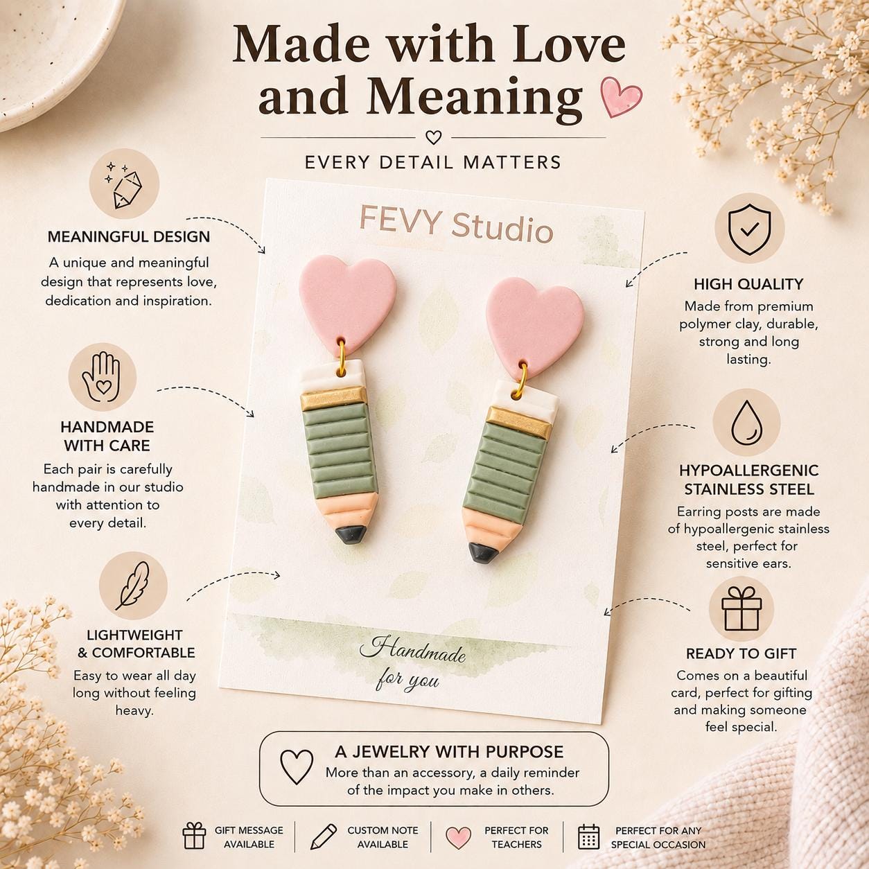 Pastel Pencil Heart Earrings – Handmade Teacher Gift, Back to School Jewelry