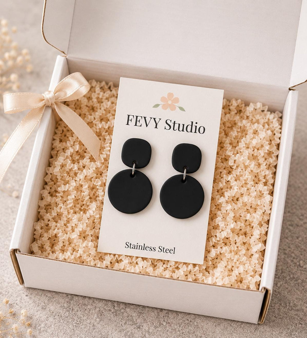 Matte Black Geometric Dangle Earrings | Lightweight Polymer Clay Statement Jewelry
