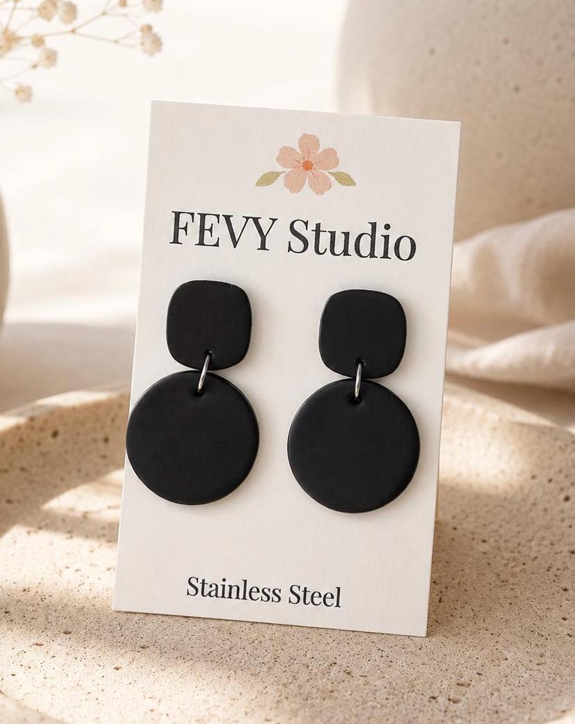 Matte Black Geometric Dangle Earrings | Lightweight Polymer Clay Statement Jewelry