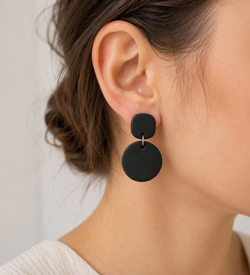 Black Polymer Clay Earrings | Minimalist Geometric Dangle Earrings | Lightweight Statement Jewelry